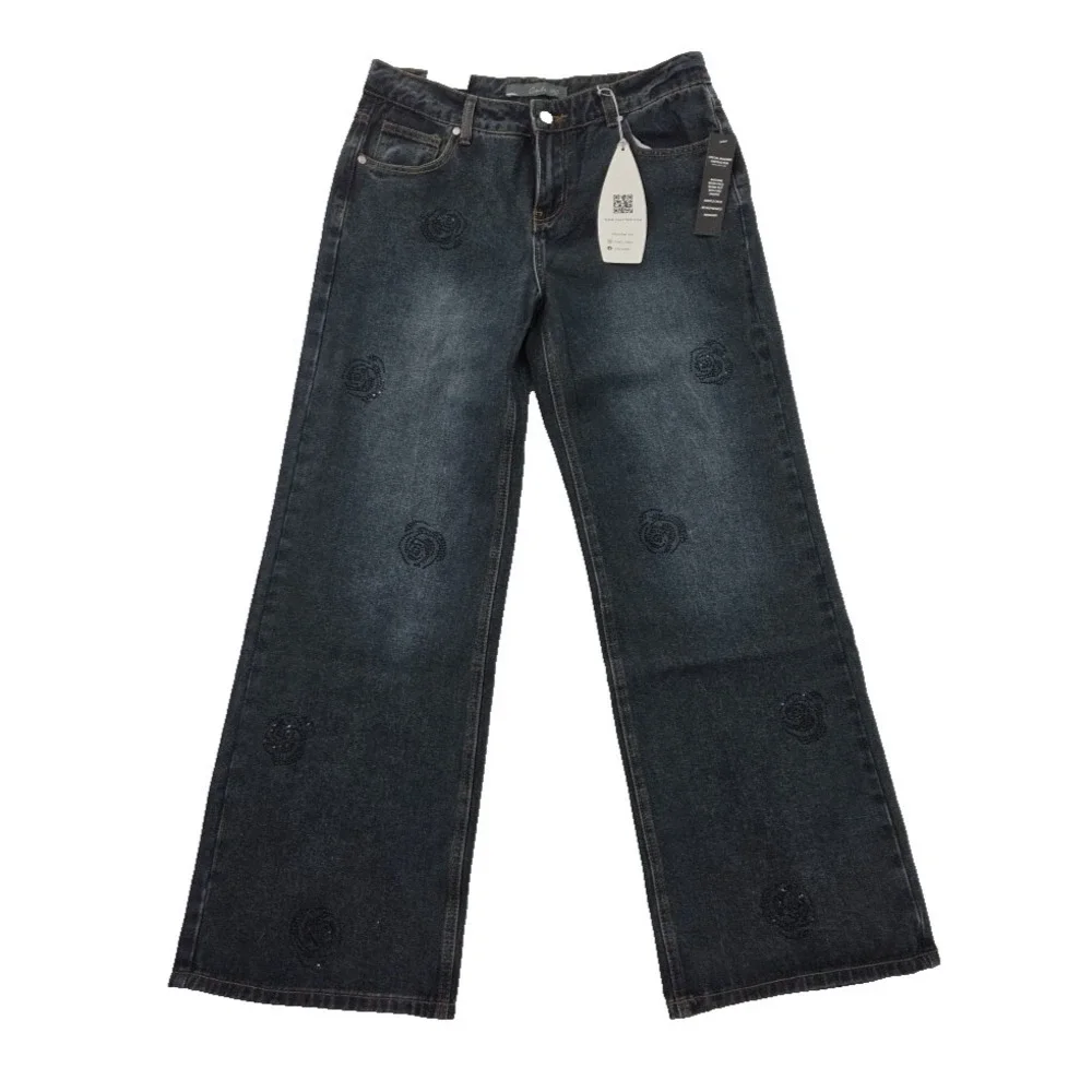 Cali 1850 Jeans Womens 9/29 Medium Wash Rhinestones NEW Wide Leg Relaxed NWT